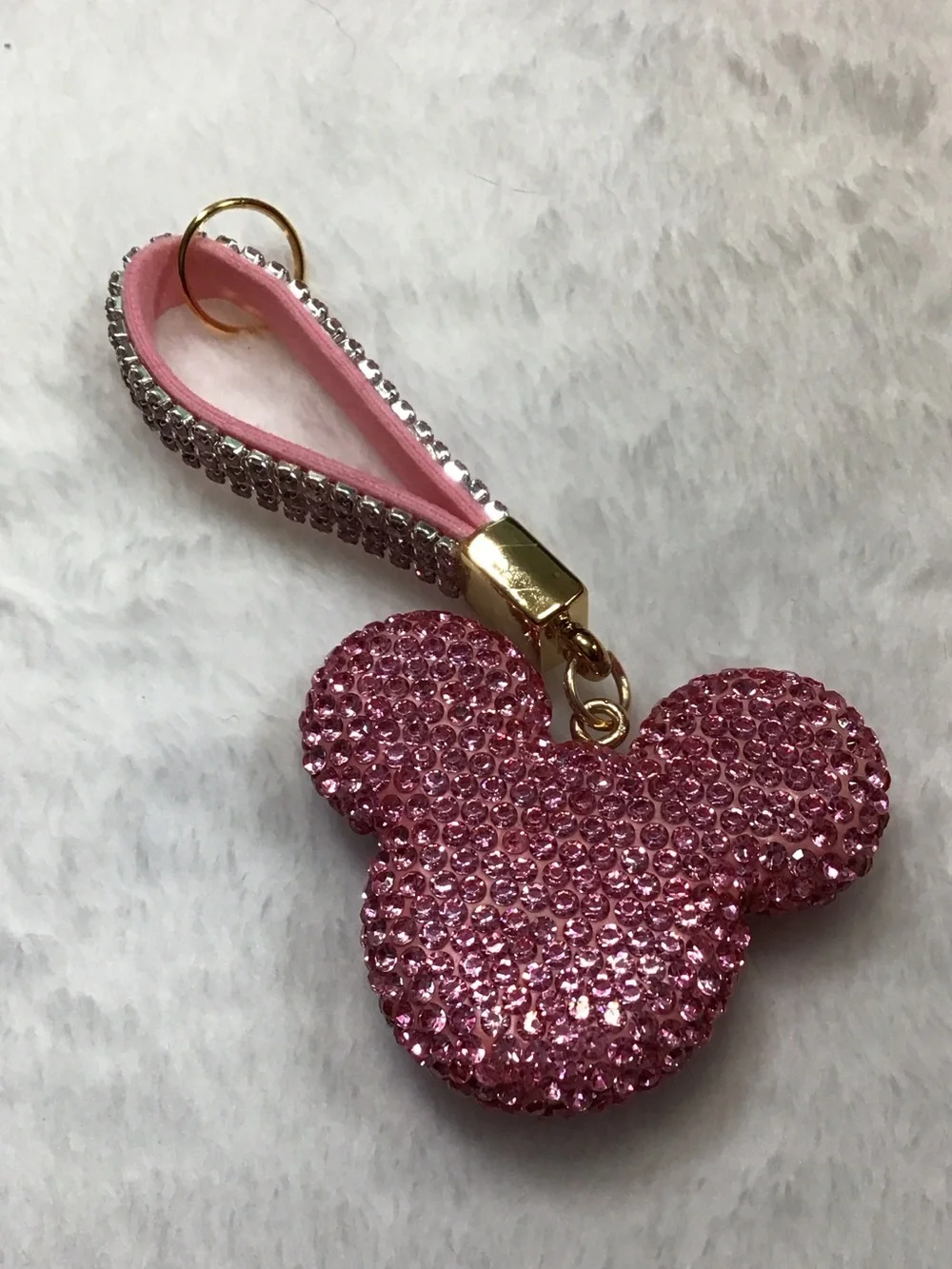 Pink Sparkle Mouse Ears Keychain with Rhinestone Bow